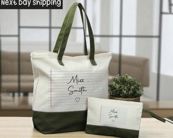 Personalized Teacher Notebook Tote Bag with Name, Custom Lined Paper Canvas, Teacher Appreciation Gift, Back to School Tote Bag