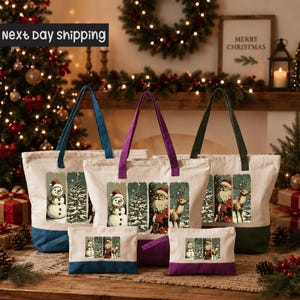 A collection of Christmas-themed tote bags and a small bag, featuring illustrations of Santa Claus, a snowman, and reindeer, all set against a festive backdrop with a Christmas tree and wreath.