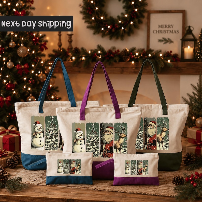 A collection of Christmas-themed tote bags and a small bag, featuring illustrations of Santa Claus, a snowman, and reindeer, all set against a festive backdrop with a Christmas tree and wreath.
