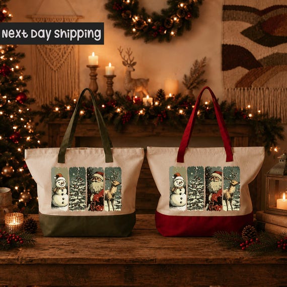 Retro Christmas Canvas Tote Bag, Vintage Holiday Shopper, Festive Winter Market Tote