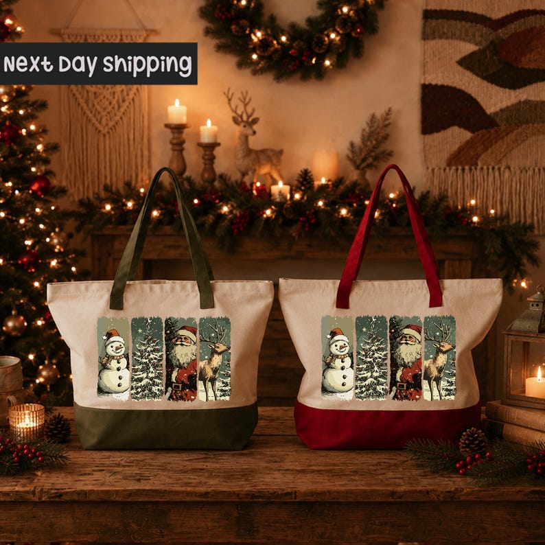 two tote bags with Christmas-themed designs, including a snowman, reindeer, and Christmas tree, placed on a wooden surface against a festive background with Christmas lights and decorations.