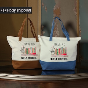 Two tote bags with the text "I HAVE NO SHELF CONTROL" printed on them, along with illustrations of books and plants.