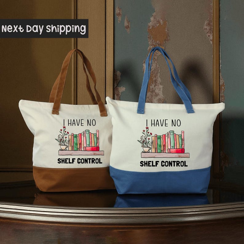 Two tote bags with the text "I HAVE NO SHELF CONTROL" printed on them, along with illustrations of books and plants.
