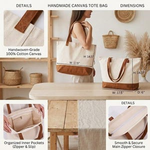 The image is a collage of various details about a handmade canvas tote bag, including dimensions, materials, and features.