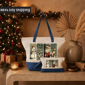 a festive Christmas scene with a decorated tree, a vase, and a handbag with a Santa Claus and snowman design printed on it.