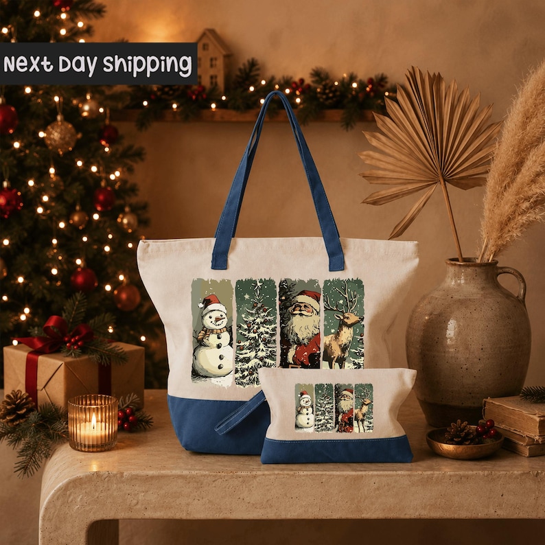 a festive Christmas scene with a decorated tree, a vase, and a handbag with a Santa Claus and snowman design printed on it.