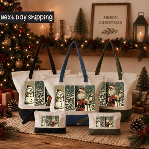 a festive Christmas scene with a decorated Christmas tree, ornaments, and holiday decorations. There are three tote bags with Christmas-themed designs, including a snowman, Santa Claus, and reindeer. The bags are displayed on a wooden surface, and there is a "next day shipping" sign in the background.