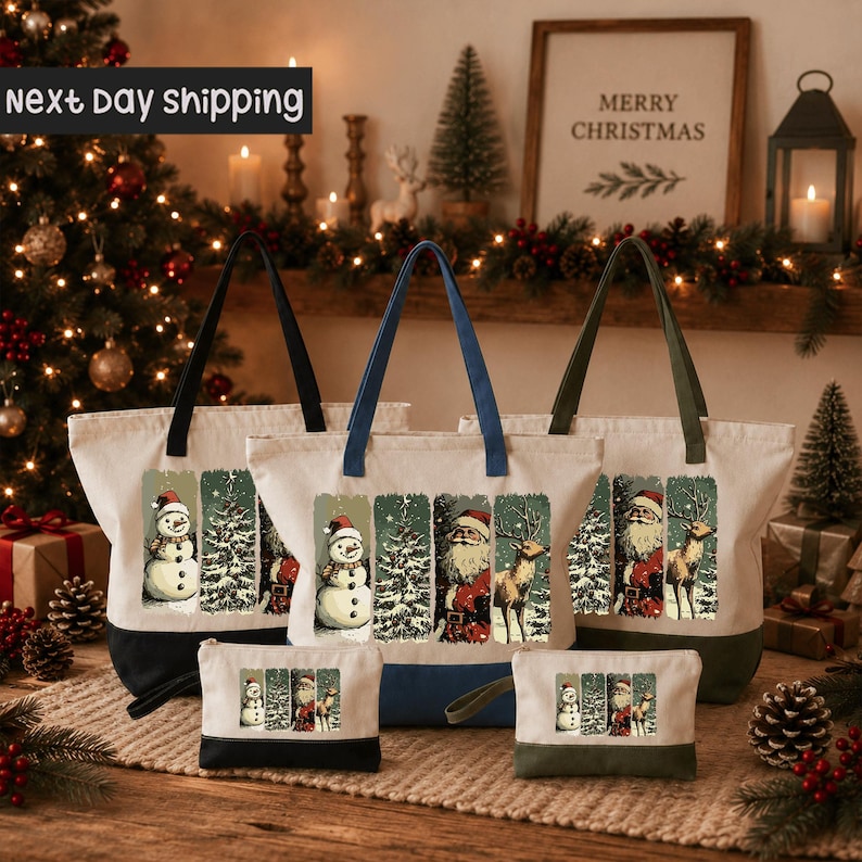 a festive Christmas scene with a decorated Christmas tree, ornaments, and holiday decorations. There are three tote bags with Christmas-themed designs, including a snowman, Santa Claus, and reindeer. The bags are displayed on a wooden surface, and there is a "next day shipping" sign in the background.
