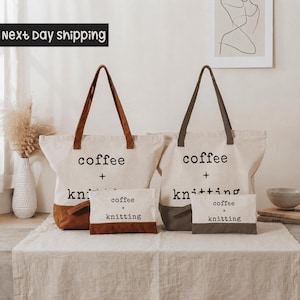 Coffee & Knitting Tote Bag: Cotton Yarn Craft Project Carryall
