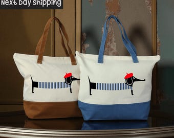 Dachshund Tote Bag: Cute Dog Design - Canvas with Zipper Pocket