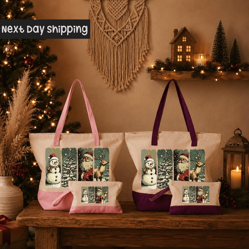 two tote bags with Christmas-themed designs, placed on a wooden surface. The bags are decorated with images of Santa Claus, a snowman, and a reindeer. The bags are positioned next to a Christmas tree, and there is a lantern and a small Christmas tree in the background.