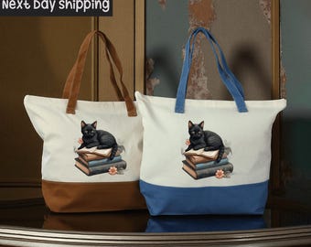 Cat Tote Bag - Book Lover Totebag - Cotton, Zippered with Inner Pocket