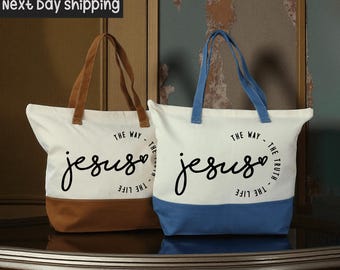 Christian Cotton Tote Bag, Bible Verse Faith Design (Zippered)