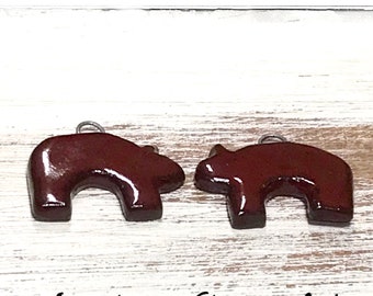 Quinlan Glass Tribal Crimson Bears Handmade Stoneware Ceramic Jewelry Components, Pairs, Earring Pair Components, Rustic, Bohemian