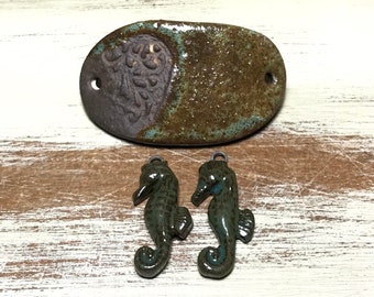 Quinlan Glass Bracelet Bar and Pairs Handmade Porcelain Ceramic Jewelry Components, Seahorses, Beach and Sand, Seaside, Shipwrecked  Relics
