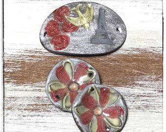 Quinlan Glass Focal and Pairs Handmade Ceramic Jewelry Components, Paris, Eiffel Towers, Flowers, Blooms, Moulin Rouge