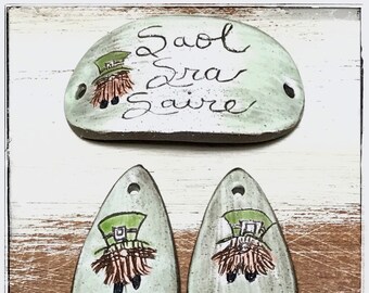 Quinlan Glass Focal and Pairs Handmade Porcelain Ceramic Jewelry Components, Celtic, Irish, Leprechaun, Gaelic, Lucky, Live-Love-Laugh