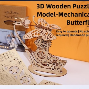 Puzzle meccanico in legno 3D a forma di farfalla – Kit modello mobile fai da te – Scultura cinetica steampunk – Regalo per lei, amanti della natura e appassionati di artigianato