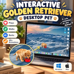 Puede incluir: Software de mascota virtual Golden Retriever interactiva para Windows y Mac. La pantalla muestra un cachorro sobre un fondo nevado con iconos para jugar, caminar, ladrar y 20+ animaciones. Texto: Interactive Golden Retriever Desktop Pet.