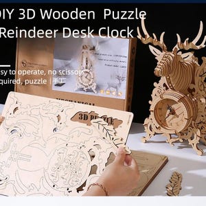 3D Wooden Puzzle Reindeer Desk Clock – DIY Wood Clock Kit for Adults & Teens – Laser Cut Animal Puzzle – Rustic Holiday Decor Gift