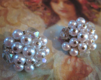 Vintage Crystal and Faux Pearl Mid Century Earrings Clipback