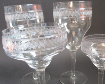 10 Etched Crystal Stemware Glasses early 1900's Vintage Group of 10