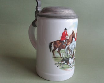 Hunting Scene Tankard Vintage Ceramic with Pewter Lid
