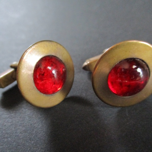 Vintage 1940's Cufflinks Red Glass Cabachon and Brass Art Deco