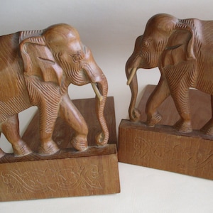 HandCarved Bookends Wood Elephant Bookends Set Vintage