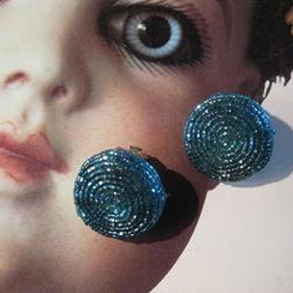 Clipback Handbeaded Blue Earrings Vintage