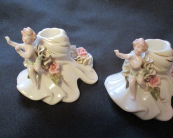 Cherub Candleholders Pair Vintage Reina Califa Handpainted Bone China 223