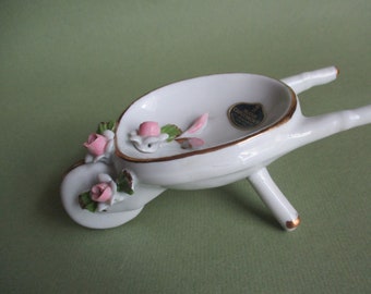 Capodimonte Porcelain Wheelbarrow with Roses Vintage