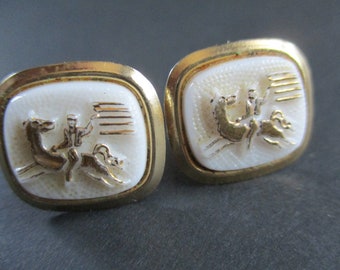 Mid-Century Cufflinks Plastic and Goldtone Metal Cufflinks with Horse & Rider Image Vintage