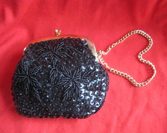 Vintage Hand Beaded Clutch or Change Purse Black Jem