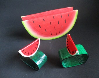 Vintage Napkin Holder and 2 Napkin Rings Handpainted Watermelon