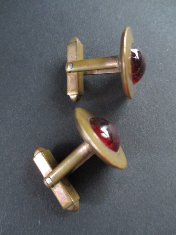Vintage 1940's Cufflinks Red Glass Cabachon and B… - image 4