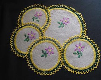 Set of 5 Hand Embroidered and Crocheted Doilies Vintage