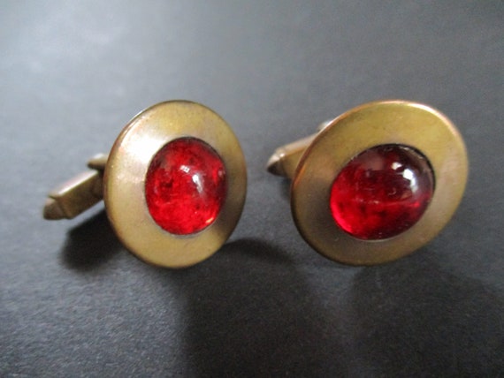 Vintage 1940's Cufflinks Red Glass Cabachon and B… - image 1