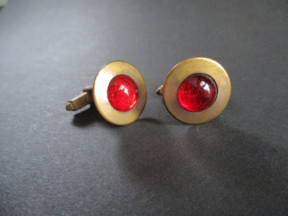 Vintage 1940's Cufflinks Red Glass Cabachon and B… - image 2