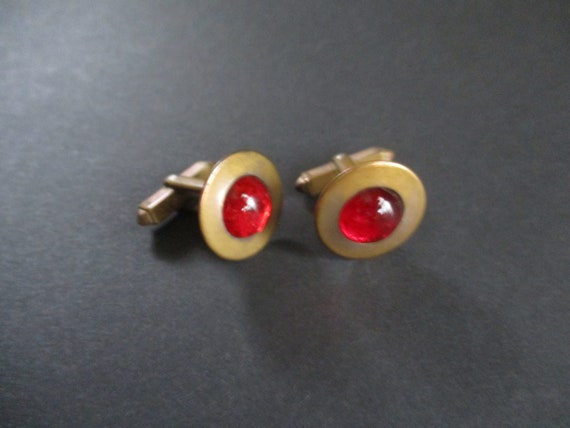 Vintage 1940's Cufflinks Red Glass Cabachon and B… - image 3