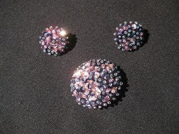 Brooch & Earrings Set Purple and Blue Beaded and … - image 1