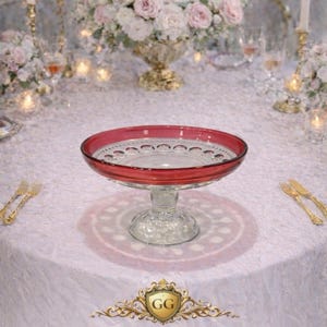 Vintage Ruby Red Flash Glass Pedestal Fruit Bowl Compote 11” Mid Century