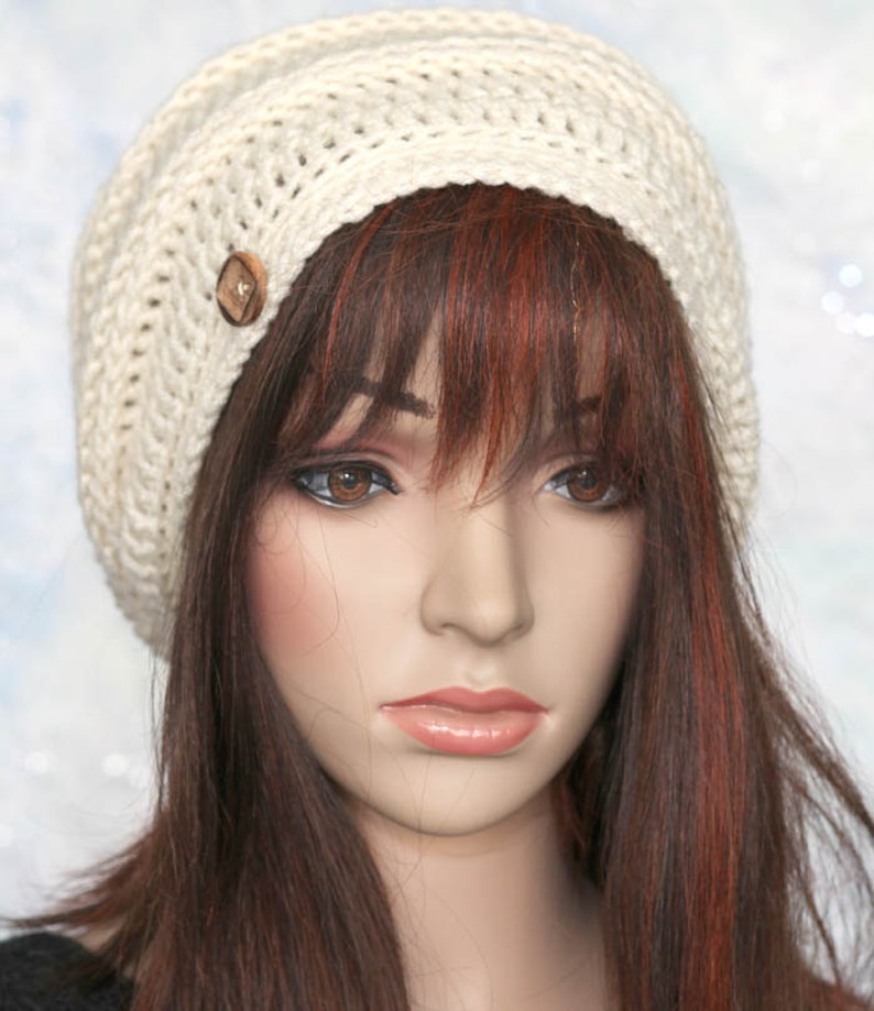 Ivory Cream Slouchy Beanie Hat with Button Etsy
