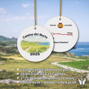 Camino del Norte Ornament 2026 – Personalized Pilgrim Keepsake, Custom Photo & Year, Double-Sided Ceramic Trail Map Gift