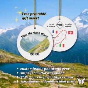 Tour du Mont Blanc Ornament 2026 – Personalized Hiking Keepsake, Custom Photo & Year, Double-Sided Ceramic Trail Map Gift