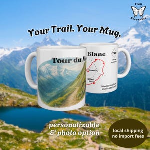 Tour du Mont Blanc Mug – Personalized with Distance, Dates and Message, Watercolor or Your Photo, Chamonix Alps Hiking Gift