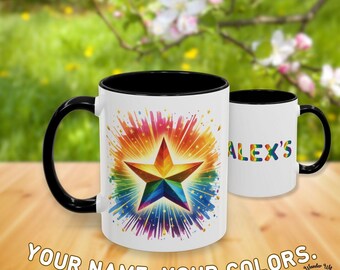 Personalized Rainbow Mug  – Rainbow Star Design – Custom Name Gift – Two-Tone 11oz Coffee Cup – Pride - LGBTQ+ Birthday Friendship Keepsake