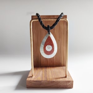 Jumbo teardrop shiva eye seashell necklace - White mother of pearl and red coral pendant in black beaded cord
