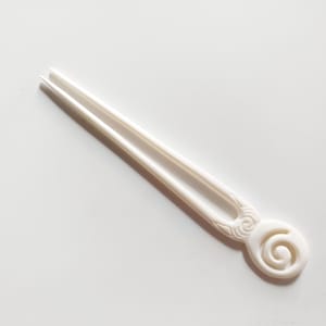 Bone hair stick 2 Prong , carved koru spiral bone hair fork