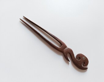 Wood hair stick 2 Prong , carved inlaid abalone floral Maori wood hair fork